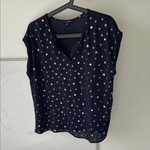 Papermoon Navy V-Neck Short Sleeve Top with Rose Gold Dot Print